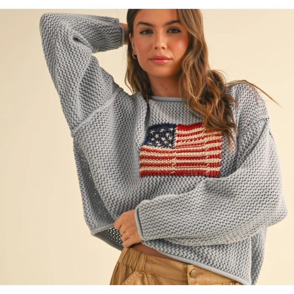 Miou Muse American Flag Open Knit Cotton Cropped Baby Blue Sweater Womens M